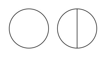 Black line chart. Pie, pizza, rounded shape, shape cut in 2 equal slices. Divided circle in two segments. Outline style. vector