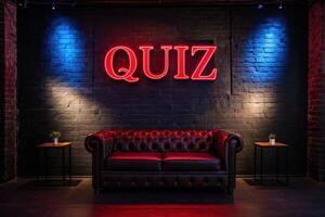 Quiz neon sign above sofa against a dark brick wall photo