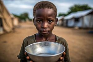 African child holding bowl asking for food and basic needs photo