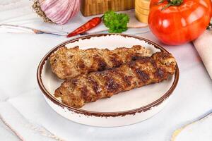 Two skewers of meat on a plate with a tomato and a knife photo