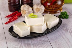 A plate of tofu with a green onion and garlic photo