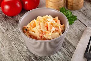 A bowl of shredded carrots and a fork on a table photo