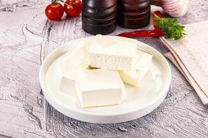 A white plate topped with cubes of cheese photo