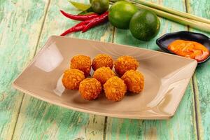 A plate of fried balls of meat on a table photo
