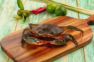A crab on a wooden cutting board with some other vegetables photo