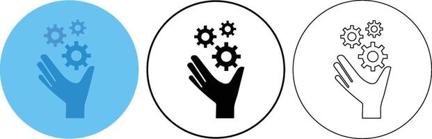Hand holding mechanical gears in a circular frame representing solutions and teamwork concepts vector
