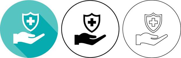 Illustration of a hand offering a healthcare shield icon within a round frame vector