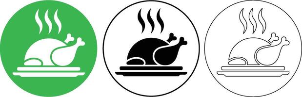 Roasted chicken icon with green background and black and white variations vector