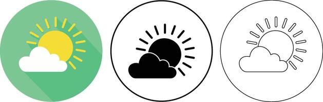 Three round weather icons depicting the sun partially obscured by a cloud in different styles. vector