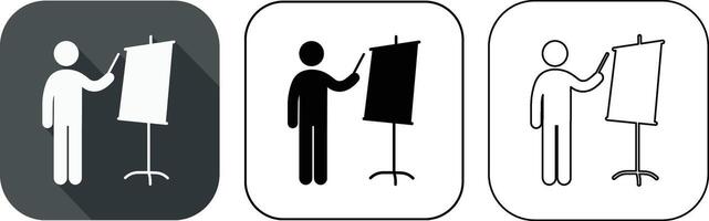 Simplified presentations icon set featuring person with pointer standing near blank board vector