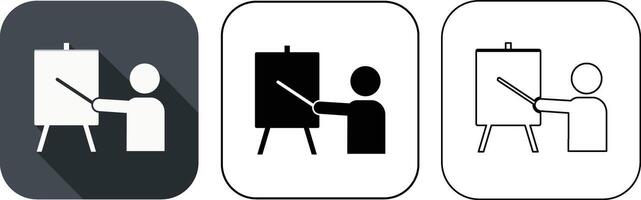 Simplified icon depicting presentation or teaching with person pointing at a canvas easel vector
