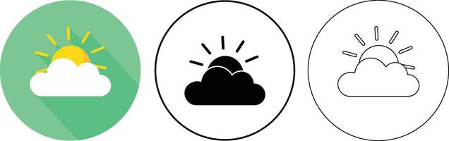 Weather icons featuring sun peeking from behind a cloud displayed in three different styles and colors vector