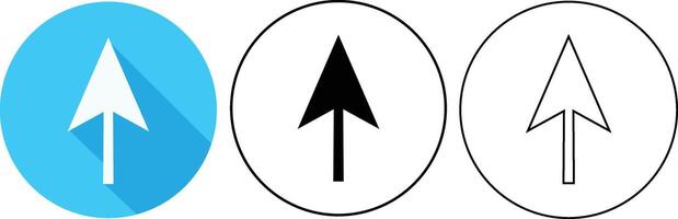 Simple icon set of arrows pointing upward in various styles and colors on white backgrounds vector