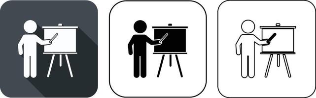 Simple icon of a person presenting with a pointer in front of a whiteboard on a stand. vector
