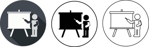 Presentation icon set featuring teacher and whiteboard in various design styles for educational concepts vector