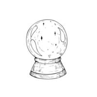 crystal ball to predict the fate. Hand painted linear illustration of Guessing for the future. Graphic monochrome halloween sketch isolated on background. For designers, prints, logo, icon vector