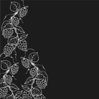 common hop frame, logo, template on black background. Graphic ink, eco, organic Humulus lupulus branch with leaves and cones illustration isolated on background. Hand drawn line sketch. For vector