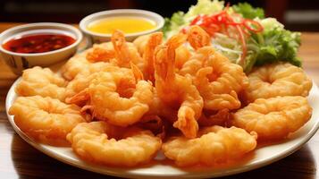 Crispy fried shrimp with dipping sauces and salad. photo