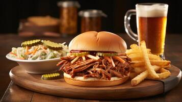 Delicious pulled pork sandwich with fries and coleslaw. photo