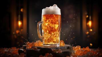 Refreshing beer with ice cubes, perfect for a hot day. photo