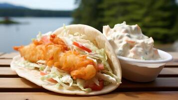 Crispy fish taco with coleslaw, lakeside view. photo