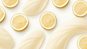 Lemon slices arranged in a pattern on a yellow background. photo