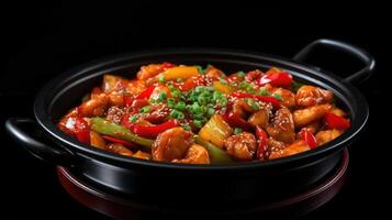 Spicy Korean fried chicken with peppers and sesame seeds. photo