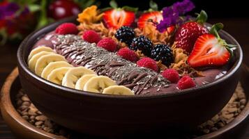 Healthy berry smoothie bowl with banana slices and toppings. photo