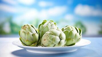 Artichokes arranged on a white plate, vibrant green color. photo