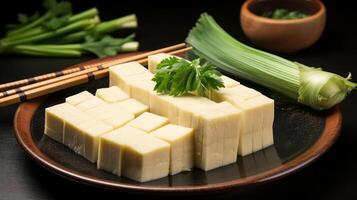 Tofu cubes with parsley and green onions on a plate. photo