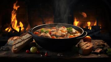 Hearty stew by the fire, rustic and warm. photo