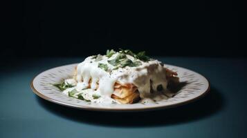 Stacked dish with creamy sauce and herbs on a plate. photo