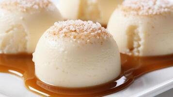 Caramel pudding with a sprinkle of topping, close-up view. photo