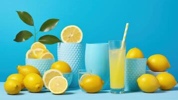 Lemon still life with juice, slices, and greenery. photo