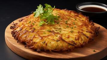 Crispy hash brown cake with herbs and dipping sauce. photo