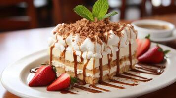 Delicious layered dessert with cream, caramel, and strawberries. photo
