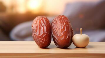 Dates and apple on a wooden surface. photo