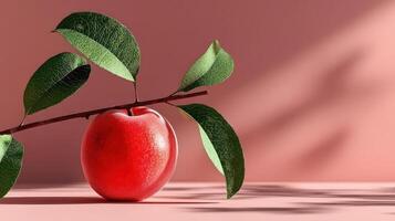 A vibrant red apple with a branch and leaves. photo