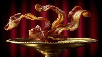 Crispy bacon elegantly displayed on a golden pedestal. photo
