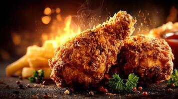 Crispy fried chicken with fries, ready to eat. photo