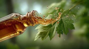 Liquid splash over a green leaf, close-up view. photo