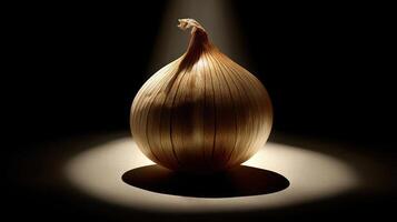 A single onion illuminated against a dark background. photo