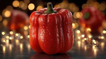 A vibrant red pepper with a bokeh background. photo