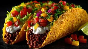Two tacos with toppings on a black surface photo