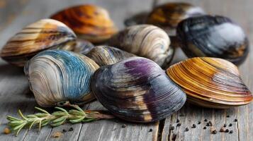 Beautiful clam shells arranged on a rustic wooden surface. photo