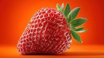 Ripe strawberry with vibrant green leaves against a red background. photo