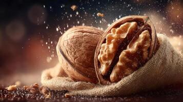 Cracked walnut, detailed texture, food photography, rustic feel. photo
