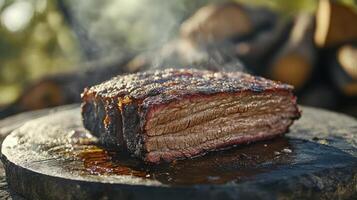 Seared steak on a wooden board, close-up. photo