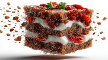 Deconstructed cake with cream and berries, suspended in mid-air. photo