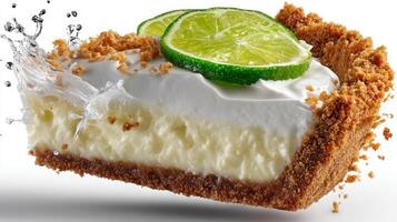 Key lime pie slice with vibrant green lime garnish. photo